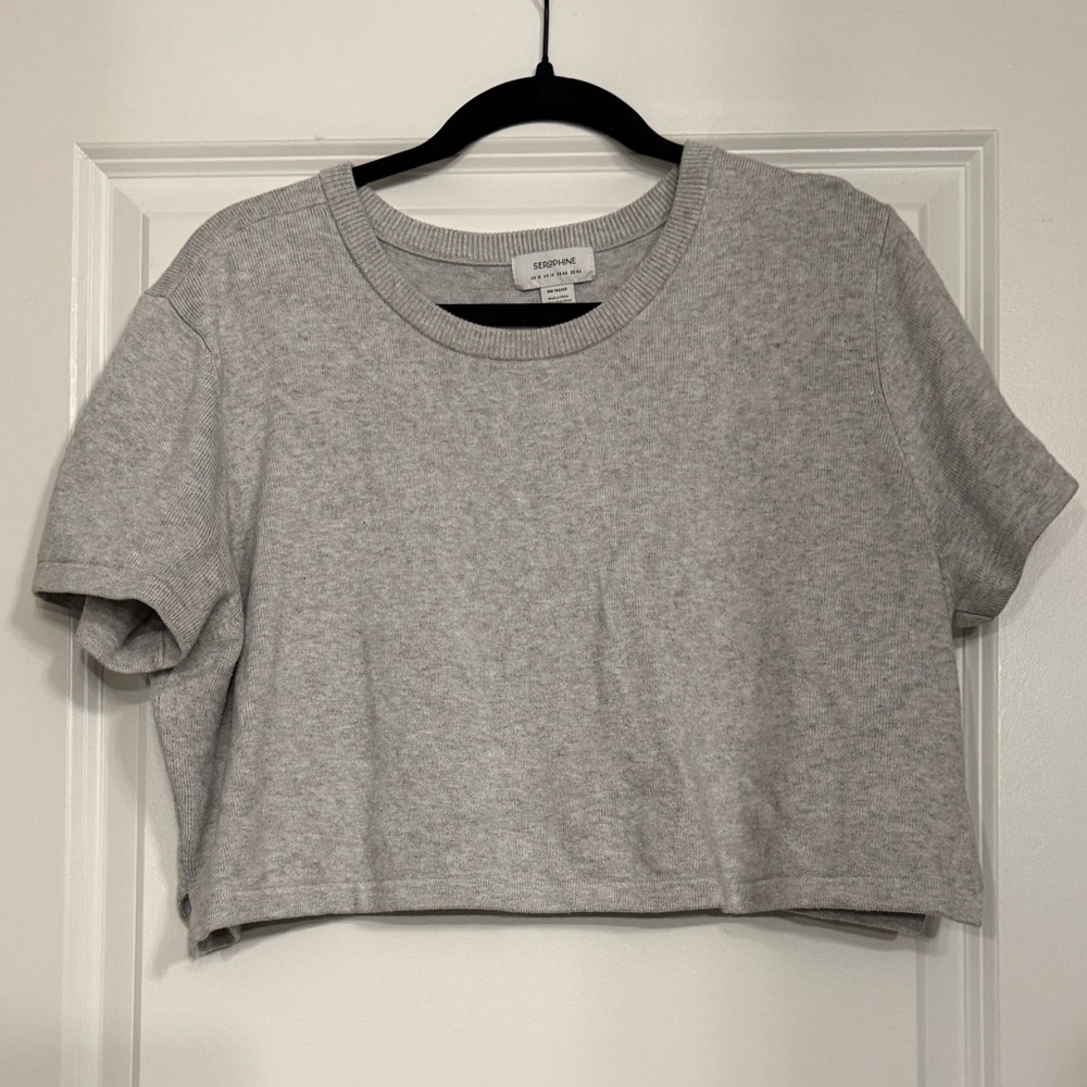 Seraphine Grey Knit Short Sleeve Cropped Maternity Postpartum Top - Picture 2 of 6